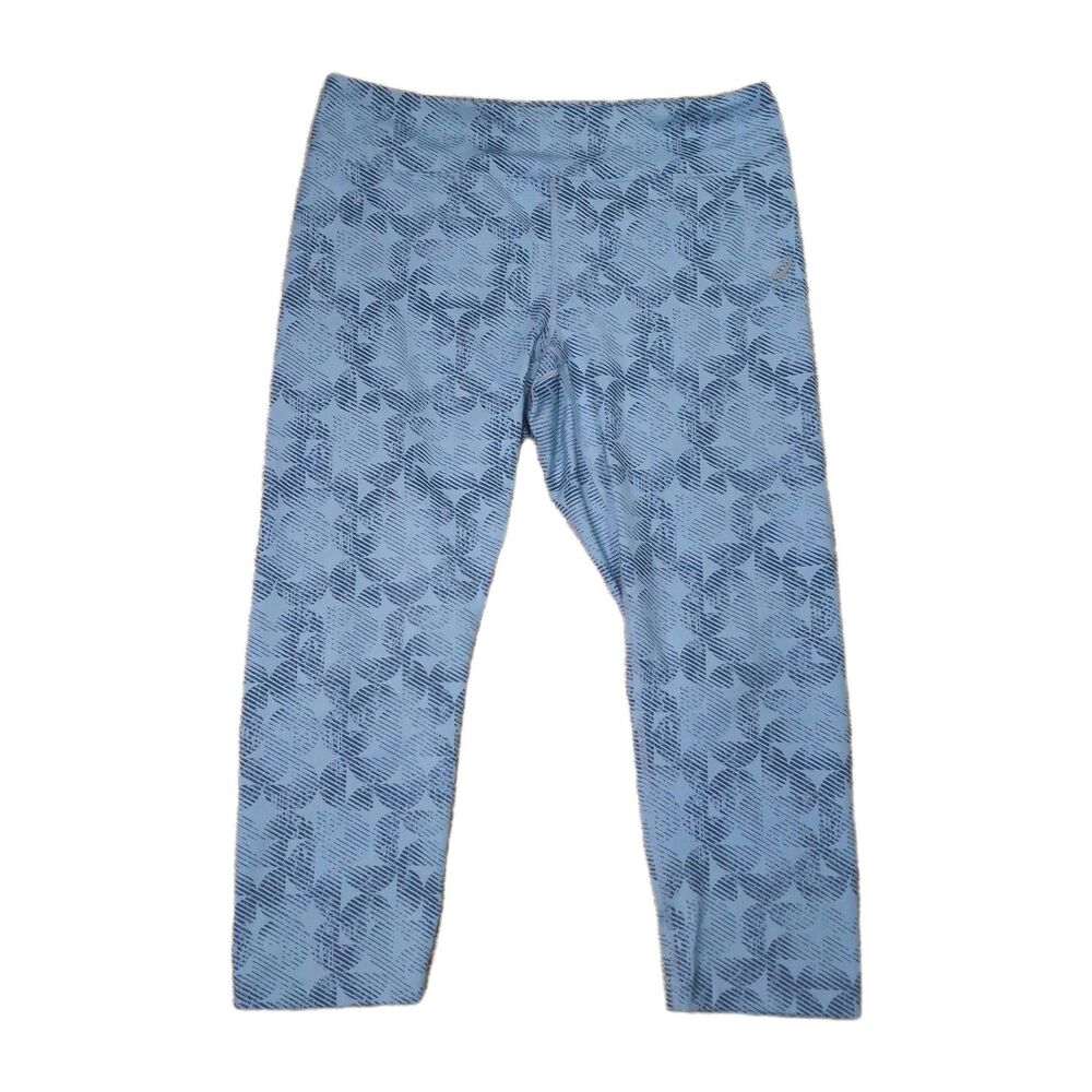 ​ASICS WOMENS CAPRI PANTS BLUE GEOMETRIC PRINT ATHLETIC PANTS RUNNING TIGHTS